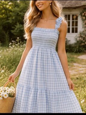 Blue Gingham Plaid Smocked Ruffle Square Neck Seersucker Maxi Dress Large